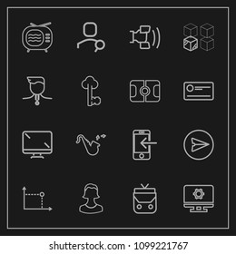 Modern, simple vector icon set on dark background with communication, jazz, message, mobile, home, computer, tv, account, technology, avatar, object, bag, geometry, display, telephone, email icons