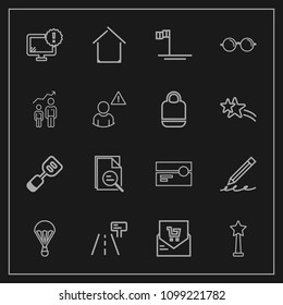 Modern, simple vector icon set on dark background with estate, sign, parachuting, audio, blue, home, mexico, utensil, ocean, success, receipt, retail, pen, tape, architecture, jump, desktop, sky icons