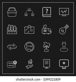 Modern, simple vector icon set on dark background with service, home, finance, paper, money, pen, profile, park, structure, businessman, graphic, star, sign, business, palm, picnic, help, avatar icons