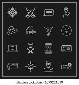 Modern, simple vector icon set on dark background with rudder, web, user, spotlight, light, message, sand, profile, hour, meeting, armchair, businessman, presentation, furniture, background, id icons
