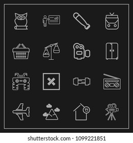 Modern, simple vector icon set on dark background with video, camera, house, owl, extreme, sign, audio, travel, bird, businessman, radio, nature, exercise, airplane, flight, sport, people, movie icons
