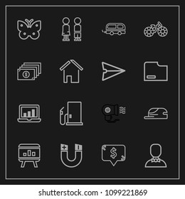Modern, simple vector icon set on dark background with profile, fan, oil, people, field, gasoline, wing, cap, fuel, laptop, electric, computer, boy, magnetic, insect, standing, girl, female, bus icons