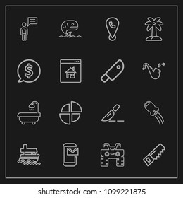 Modern, simple vector icon set on dark background with chart, spaceship, chat, location, communication, fish, email, technology, mail, graph, summer, medical, phone, space, bathroom, atv, ship icons