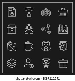 Modern, simple vector icon set on dark background with road, competition, nature, decoration, list, user, gift, holiday, security, grizzly, present, market, mug, award, wild, travel, technology icons