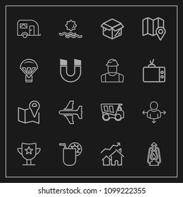 Modern, simple vector icon set on dark background with real, property, tipper, location, dumper, prize, house, sun, summer, glass, cardboard, traffic, sunrise, truck, success, travel, juice, map icons