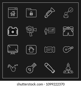 Modern, Simple Vector Icon Set On Dark Background With Building, Baseball, Ticket, Bugle, Display, White, Safety, Shuttle, Security, Folk, Launch, Jazz, Technology, Real, Science, Digital, File Icons