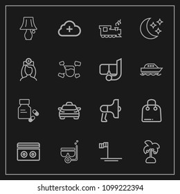 Modern, simple vector icon set on dark background with water, stereo, fashion, ocean, taxi, cloud, palm, speaker, paper, leaf, lamp, audio, medical, internet, mask, switch, transportation, beach icons