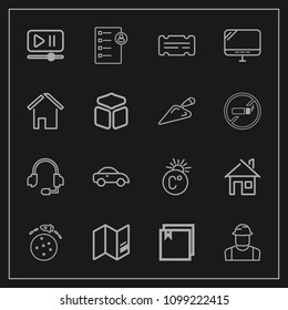 Modern, simple vector icon set on dark background with world, transport, home, entertainment, car, business, checklist, space, player, architecture, coupon, microphone, travel, computer, house icons