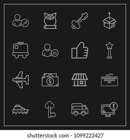 Modern, simple vector icon set on dark background with airplane, ship, door, finance, transport, water, animal, highway, metal, direction, currency, house, bus, vintage, home, keyboard, computer icons