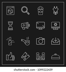 Modern, simple vector icon set on dark background with red, equipment, retro, sign, good, makeup, lipstick, suitcase, camera, spy, trip, business, cup, coffee, internet, success, shipping, pipe icons