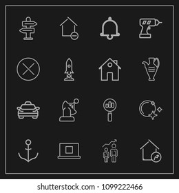 Modern, simple vector icon set on dark background with satellite, progress, ship, house, personal, direction, development, removal, taxi, web, growth, sky, rudder, home, profile, moon, star, way icons