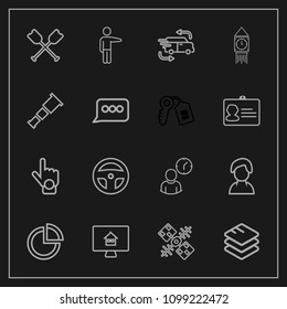 Modern, simple vector icon set on dark background with medicine, equipment, index, internet, car, presentation, london, pointing, canoe, global, graph, technology, time, data, paddle, clock, oar icons