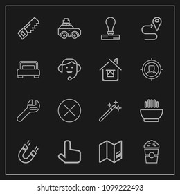 Modern, simple vector icon set on dark background with dinner, location, hammer, hot, route, road, field, car, stamp, spanner, world, food, pole, magnetic, map, tool, drink, suitcase, equipment icons