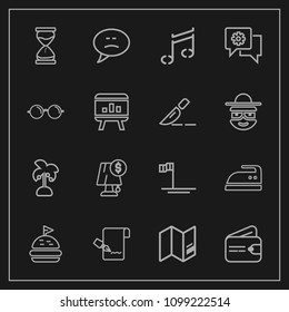 Modern, simple vector icon set on dark background with cash, money, summer, pen, hour, interior, lamp, blue, light, ironing, leaf, paper, wallet, palm, hourglass, tomato, sign, speech, list, map icons
