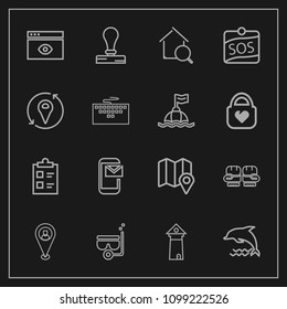 Modern, simple vector icon set on dark background with paper, browser, web, famous, mark, pin, architecture, wildlife, search, sport, sea, ocean, mail, nature, sos, water, stationery, envelope icons