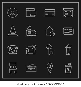Modern, simple vector icon set on dark background with web, famous, keyboard, communication, chat, profile, vintage, juice, person, laptop, couch, key, map, metal, europe, quality, summer, room icons