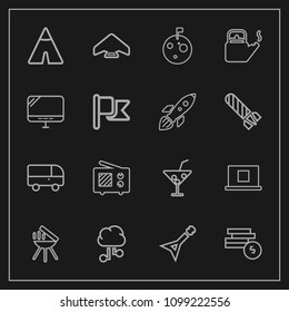 Modern, simple vector icon set on dark background with moon, web, communication, flag, money, speed, juice, cash, parachute, space, coin, guitar, transportation, jump, music, cooking, camp, sign icons