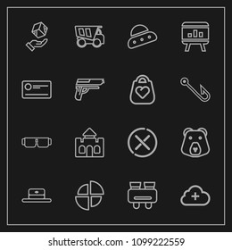 Modern, simple vector icon set on dark background with chart, shipping, dumper, grizzly, head, delivery, vision, tower, ufo, sign, hat, spy, search, package, ship, vehicle, cloud, cancel, wild icons