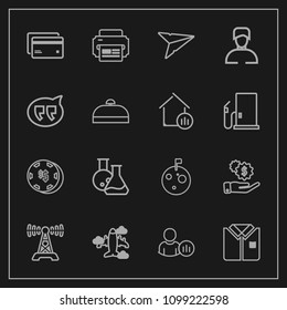 Modern, simple vector icon set on dark background with moon, dollar, astronaut, card, shirt, aircraft, social, investment, space, luck, banking, technology, radio, tshirt, status, internet, send icons