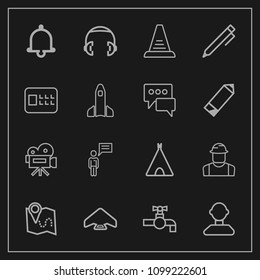 Modern, simple vector icon set on dark background with parachuting, equipment, bell, audio, outdoor, person, tripod, adventure, tent, construction, business, travel, video, headphone, retro, pin icons