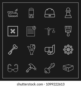 Modern, simple vector icon set on dark background with pottery, summer, railway, jug, mask, glasses, ship, train, hotel, shovel, house, water, sunglasses, decoration, travel, luxury, room, sign icons