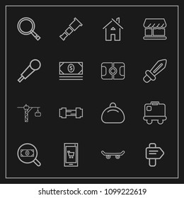 Modern, simple vector icon set on dark background with gym, travel, exercise, arrow, fitness, app, business, concept, fashion, find, bag, board, space, web, workout, estate, telescope, hammer icons