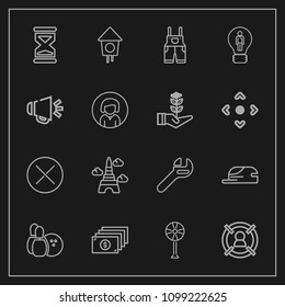Modern, simple vector icon set on dark background with concept, currency, close, sand, ball, cash, tool, birdhouse, france, cap, wooden, clothing, bowling, cooler, pin, home, time, ventilator icons