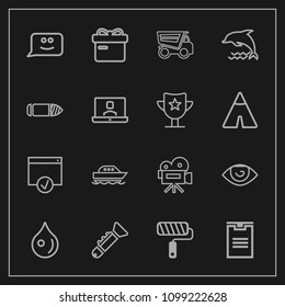Modern, simple vector icon set on dark background with roll, gift, dumper, face, retro, truck, tool, nature, shipping, yacht, musical, sign, sea, water, smile, liquid, box, boat, drop, eye, page icons