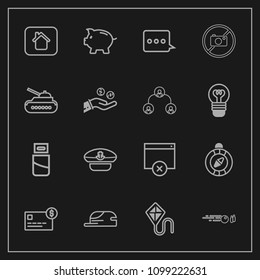 Modern, simple vector icon set on dark background with compass, card, computer, bank, message, kite, sky, home, usb, building, east, war, navy, sign, credit, house, fashion, coin, cable, south icons