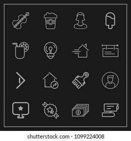 Modern, simple vector icon set on dark background with male, ice, property, video, currency, view, cup, right, music, house, cafe, real, cello, record, sweet, star, cream, profile, internet, tv icons