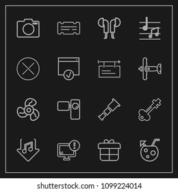 Modern, simple vector icon set on dark background with movie, sound, juice, door, internet, entertainment, present, audio, box, lens, video, headset, camera, telescope, download, music, air, fan icons