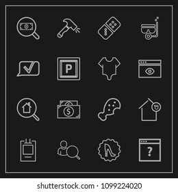 Modern, simple vector icon set on dark background with house, owner, find, summer, real, business, web, water, elegance, snack, unknown, search, page, finance, badge, concept, currency, shovel icons
