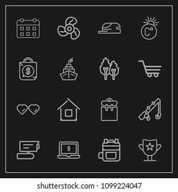 Modern, simple vector icon set on dark background with win, ventilator, person, computer, house, bag, leather, reward, view, prize, video, time, calendar, rucksack, sport, technology, modern, tv icons