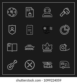 Modern, simple vector icon set on dark background with friction, no, space, musical, white, supermarket, book, rail, cosmonaut, king, risk, notebook, crown, traffic, shopping, transportation icons