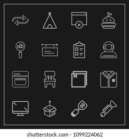 Modern, simple vector icon set on dark background with fashion, web, trumpet, bugle, new, white, monitor, change, substitute, unpacking, replacement, technology, chair, spatula, box, jazz, tool icons