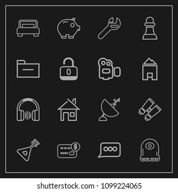 Modern, simple vector icon set on dark background with tool, message, music, house, sound, sign, furniture, technology, cartoon, satellite, communication, finance, alien, credit, economy, watch icons