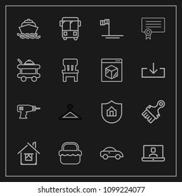 Modern, simple vector icon set on dark background with , shop, property, food, call, diploma, mexico, car, transport, hanger, machine, video, internet, blue, ocean, clothing, house, bus, sea icons