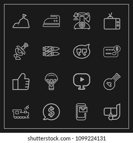Modern, simple vector icon set on dark background with web, sea, train, water, ironing, domestic, telephone, vintage, parachute, transportation, phone, musical, find, extreme, snorkel, nature icons