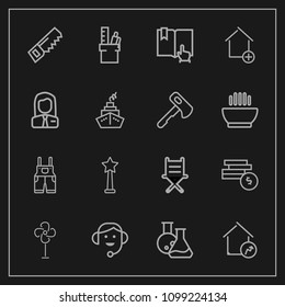 Modern, simple vector icon set on dark background with air, bank, money, saw, wear, apartment, uniform, employee, furniture, electric, cooler, click, property, ventilator, success, increase, fan icons