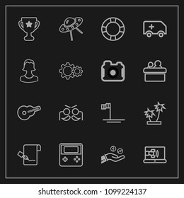 Modern, simple vector icon set on dark background with list, tropical, paper, technology, music, first, blue, internet, hand, button, ufo, call, arrow, guitar, spacecraft, business, winner, ring icons