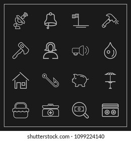 Modern, simple vector icon set on dark background with food, sound, search, light, find, picnic, kit, aid, hook, box, technology, alarm, rod, coin, stereo, fishing, ring, communication, concept icons