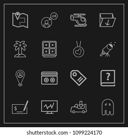 Modern, simple vector icon set on dark background with doctor, road, ghost, fear, music, location, pen, sound, stereo, medicine, paper, business, check, air, old, graphic, travel, sign, horror icons
