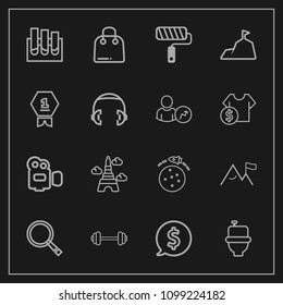 Modern, simple vector icon set on dark background with bathroom, white, travel, retail, search, label, film, nature, circle, camera, toilet, sale, restroom, planet, sign, france, rocket, frame icons