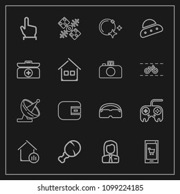Modern, simple vector icon set on dark background with chicken, technology, button, dish, ufo, global, sky, purse, app, space, wallet, people, real, finger, box, fast, estate, house, night, food icons