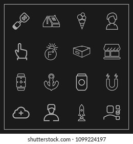 Modern, simple vector icon set on dark background with dessert, field, utensil, anchor, office, tin, tool, sea, time, man, male, house, space, craft, kitchen, technology, cloud, home, plan, can icons