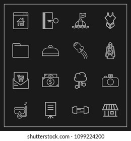 Modern, simple vector icon set on dark background with presentation, money, sign, business, camera, door, fitness, exercise, building, life, buoy, estate, internet, exit, network, people, cash icons