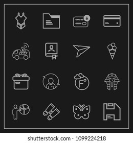 Modern, simple vector icon set on dark background with butterfly, spy, fashion, bikini, box, people, summer, fly, thermometer, ribbon, insect, businessman, woman, fahrenheit, profile, computer icons