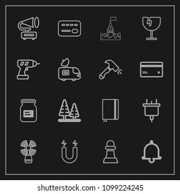 Modern, simple vector icon set on dark background with notebook, record, money, technology, lighthouse, chess, horse, card, pole, sea, notification, book, page, music, chessboard, bell, plug icons