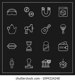 Modern, simple vector icon set on dark background with ingredient, stamp, tea, food, online, delivery, salt, glasses, finance, package, clock, currency, boy, internet, man, hour, cash, purse icons