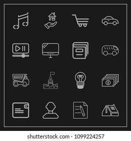 Modern, simple vector icon set on dark background with taxi, tower, currency, tipper, medieval, dump, electric, lightbulb, dumper, vehicle, cash, profile, cart, purse, bulb, male, file, shop icons